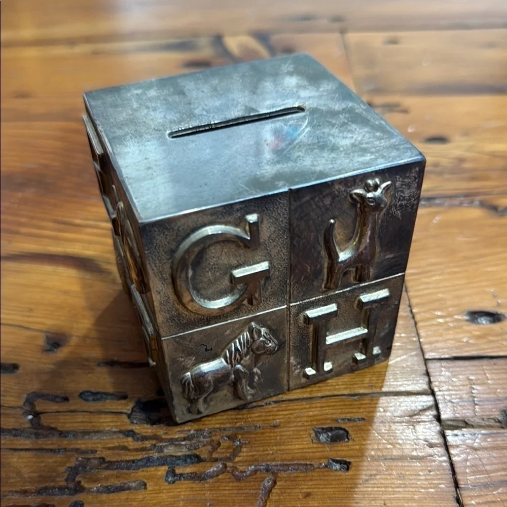 Vintage Silver Plated Alphabet Animal Piggy Coin Bank for Children 3” X 3” - Picture 1 of 12